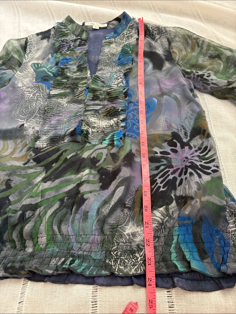 Blue Velvet Silk Sheer Ruffle-Front Blouse in Blue and Green Abstract
